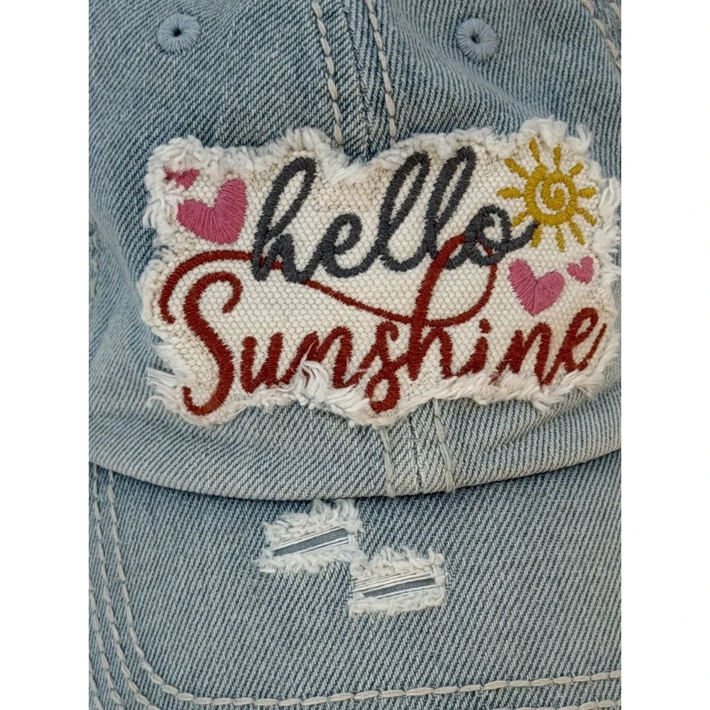 Hello Sunshine Distressed Denim Baseball Cap Women's Blue Adjustable Hat Hearts